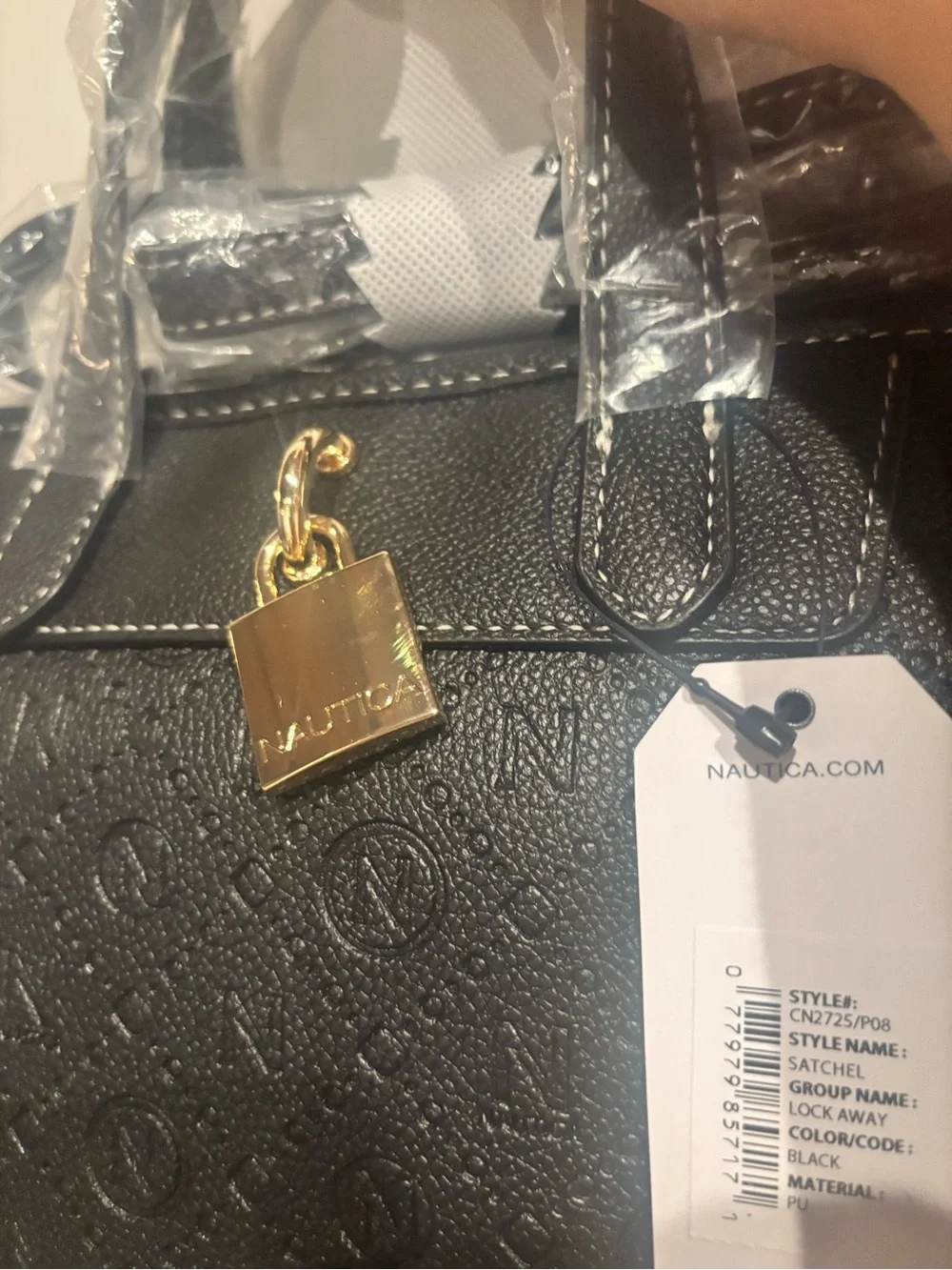 Black Embossed Monogram Satchel Bag with Gold Lock